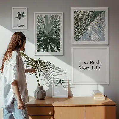 Galeria de parede com decoração moderna de folhas verdes