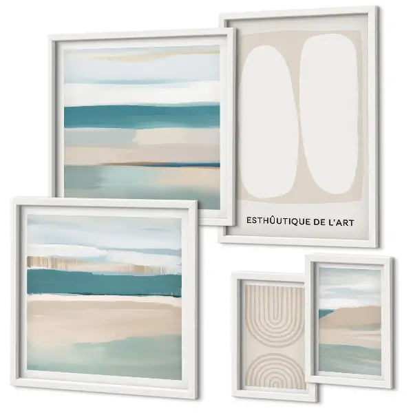 Conjunto de 5 quadros com moldura com composições abstratas da natureza
