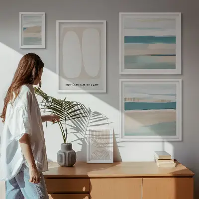 Conjunto de 5 quadros com moldura com composições abstratas da natureza