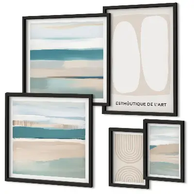 Conjunto de 5 quadros com moldura com composições abstratas da natureza