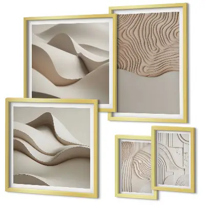 Conjunto de 5 quadros decorativos com padrões abstratos em tons de bege
