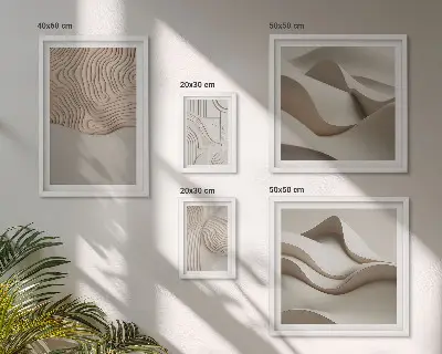 Conjunto de 5 quadros decorativos com padrões abstratos em tons de bege