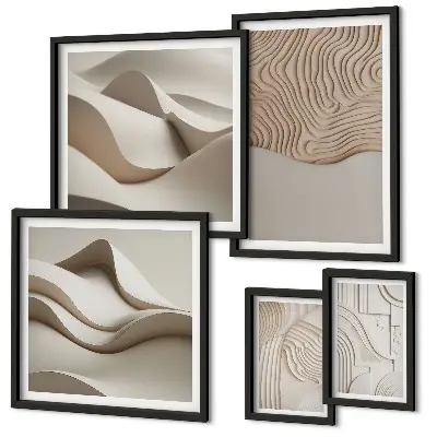 Conjunto de 5 quadros decorativos com padrões abstratos em tons de bege