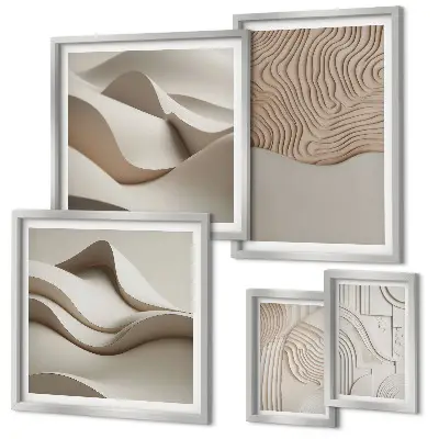 Conjunto de 5 quadros decorativos com padrões abstratos em tons de bege
