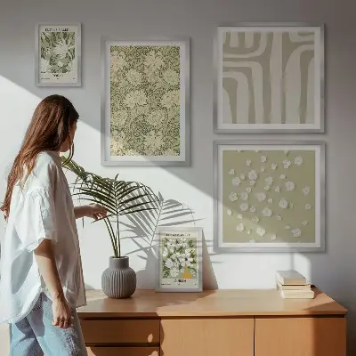 Galeria de parede com estampa de planta boho e flores