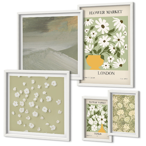 Conjunto de 5 quadros com moldura motivos florais urbanos
