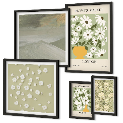 Conjunto de 5 quadros com moldura motivos florais urbanos