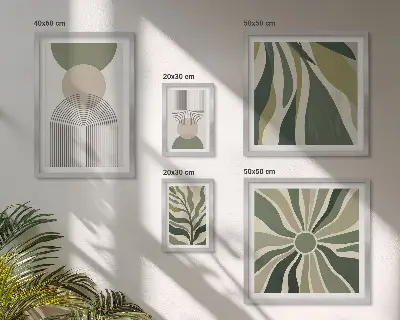 Galeria de quadros para parede com estampas de abstrações elegantes e vegetação