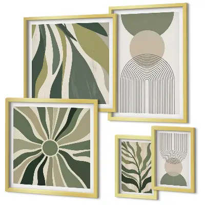 Galeria de quadros para parede com estampas de abstrações elegantes e vegetação