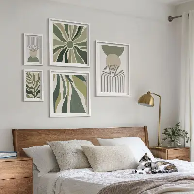 Galeria de quadros para parede com estampas de abstrações elegantes e vegetação