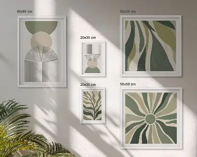 Galeria de quadros para parede com estampas de abstrações elegantes e vegetação