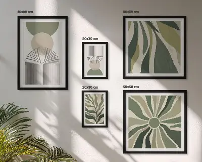 Galeria de quadros para parede com estampas de abstrações elegantes e vegetação