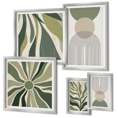 Galeria de quadros para parede com estampas de abstrações elegantes e vegetação