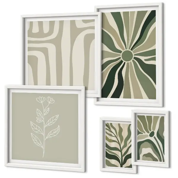 Conjunto de 5 quadros com moldura com estampas de padrões abstratos de plantas