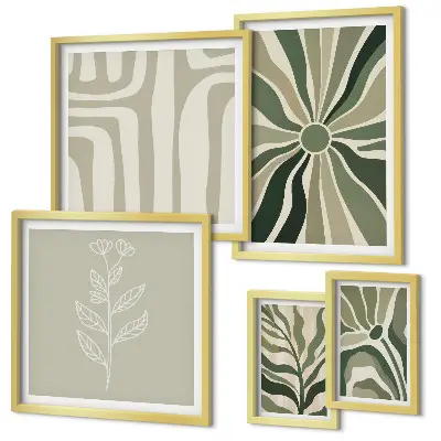 Conjunto de 5 quadros com moldura com estampas de padrões abstratos de plantas