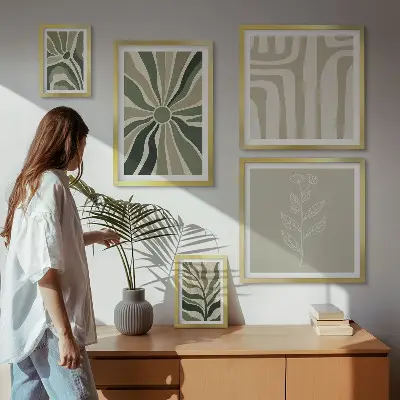 Conjunto de 5 quadros com moldura com estampas de padrões abstratos de plantas