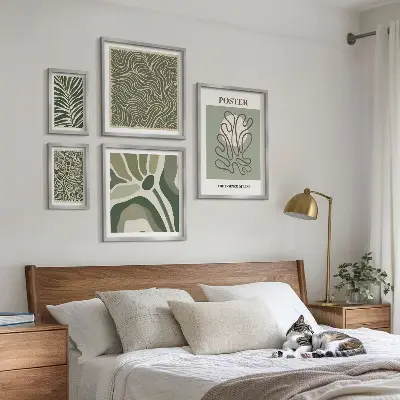 Conjunto de 5 quadros decorativos com formas abstratas de plantas boêmias