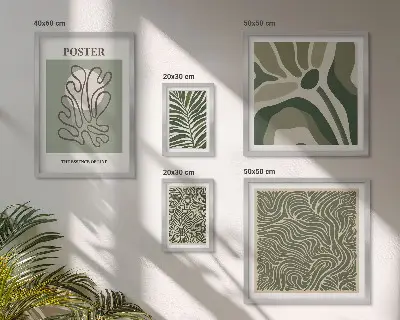 Conjunto de 5 quadros decorativos com formas abstratas de plantas boêmias