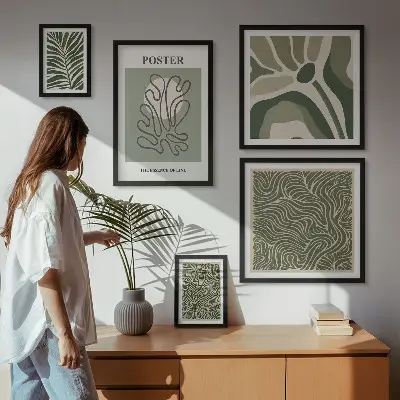 Conjunto de 5 quadros decorativos com formas abstratas de plantas boêmias
