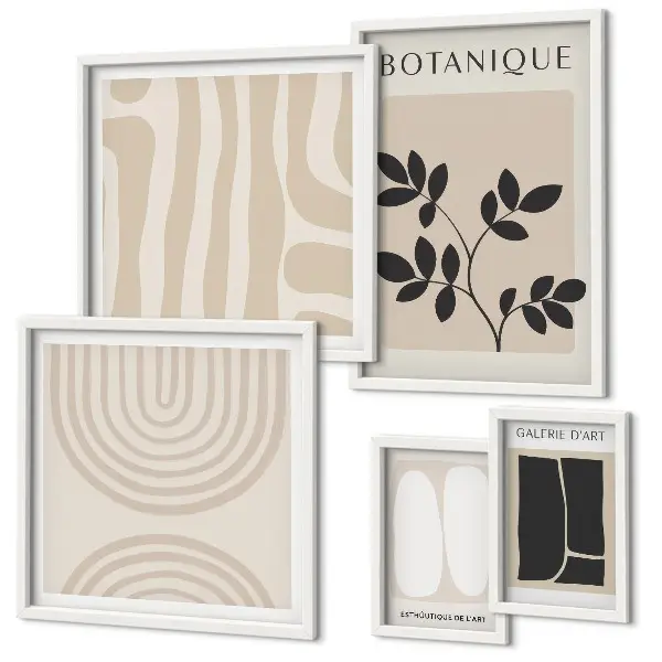 Conjunto de 5 quadros com moldura com estampas de plantas estilizadas