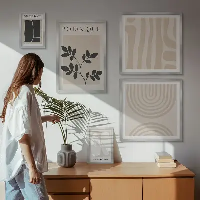 Conjunto de 5 quadros com moldura com estampas de plantas estilizadas