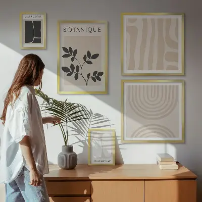 Conjunto de 5 quadros com moldura com estampas de plantas estilizadas
