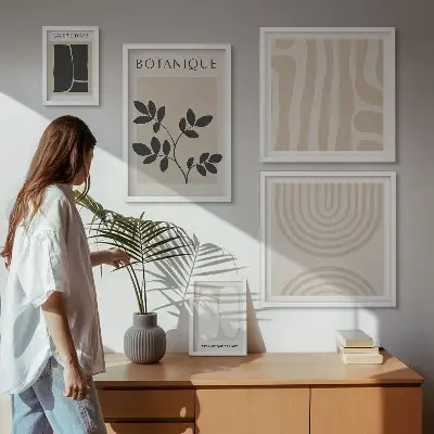 Conjunto de 5 quadros com moldura com estampas de plantas estilizadas