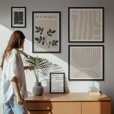 Conjunto de 5 quadros com moldura com estampas de plantas estilizadas