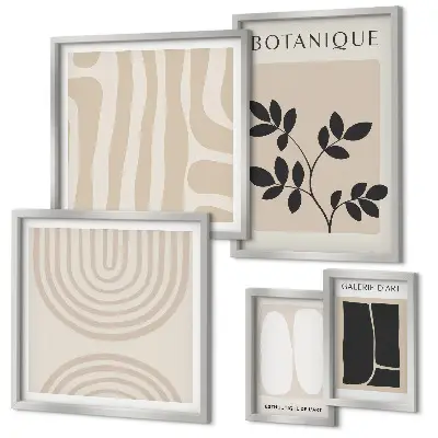 Conjunto de 5 quadros com moldura com estampas de plantas estilizadas