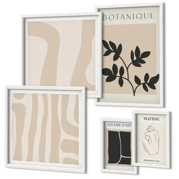 Conjunto de 5 quadros decorativos com estampas de gráficos abstratos e plantas elegantes