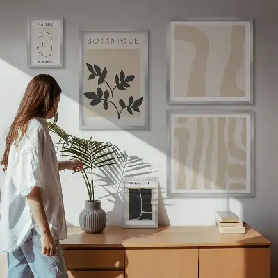 Conjunto de 5 quadros decorativos com estampas de gráficos abstratos e plantas elegantes