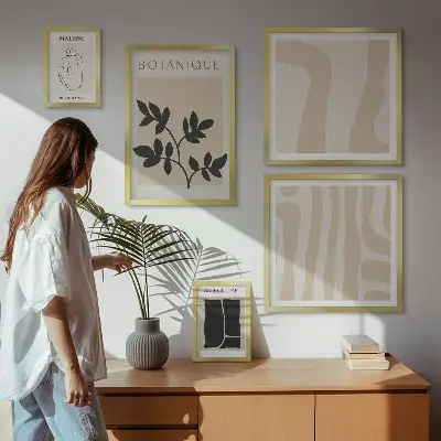Conjunto de 5 quadros decorativos com estampas de gráficos abstratos e plantas elegantes
