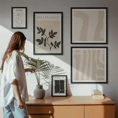 Conjunto de 5 quadros decorativos com estampas de gráficos abstratos e plantas elegantes