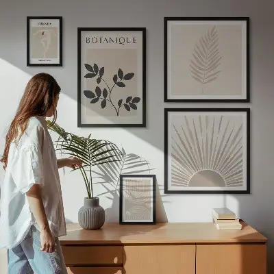 Conjunto de 5 quadros com moldura com estética geométrica floral elegante