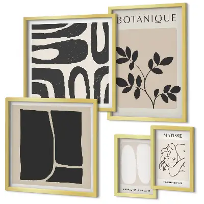 Conjunto de 5 quadros decorativos com estampas de gráficos abstratos e plantas elegantes