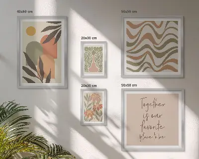 Conjunto de 5 quadros com moldura com estampas de plantas em tons pastel
