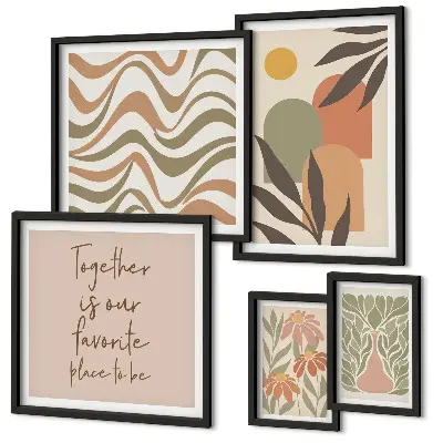 Conjunto de 5 quadros com moldura com estampas de plantas em tons pastel