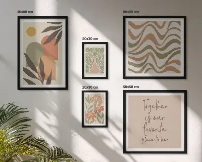 Conjunto de 5 quadros com moldura com estampas de plantas em tons pastel