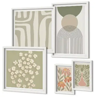 Conjunto de 5 quadros decorativos com estampas de plantas em tons pastel elegantes