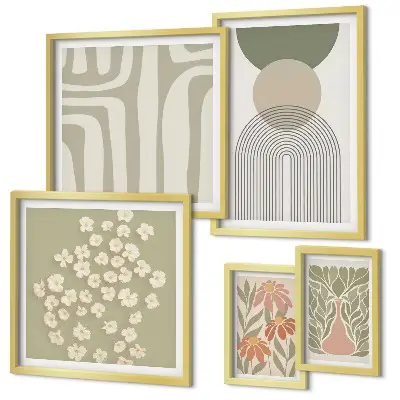 Conjunto de 5 quadros decorativos com estampas de plantas em tons pastel elegantes