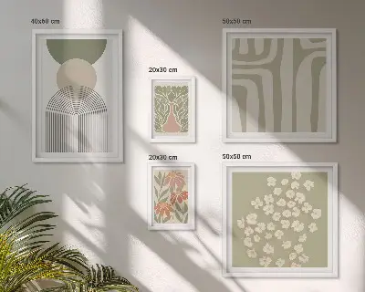 Conjunto de 5 quadros decorativos com estampas de plantas em tons pastel elegantes