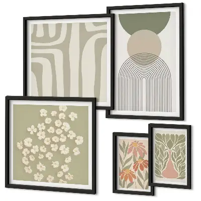 Conjunto de 5 quadros decorativos com estampas de plantas em tons pastel elegantes