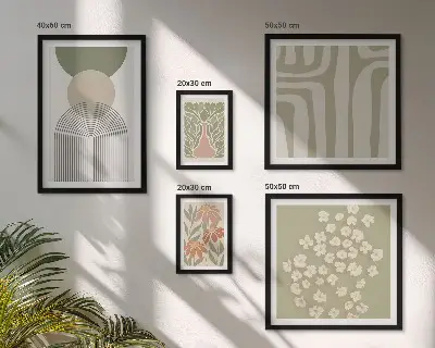 Conjunto de 5 quadros decorativos com estampas de plantas em tons pastel elegantes