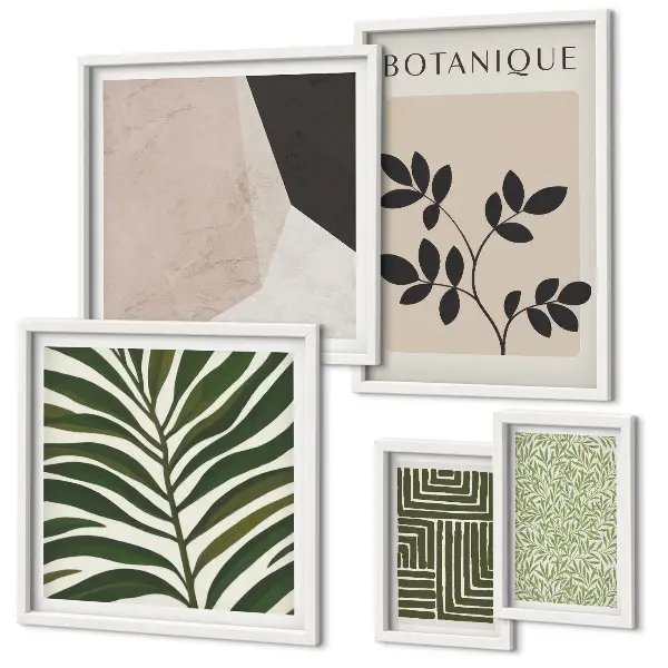 Conjunto de 5 quadros com moldura com estampas de inspirações modernas de plantas