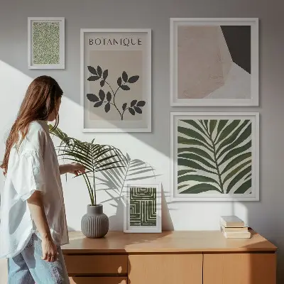 Conjunto de 5 quadros com moldura com estampas de inspirações modernas de plantas