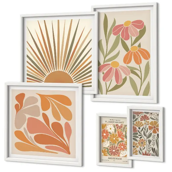Conjunto de 5 quadros com moldura com estampa de flores geométricas em estilo boho