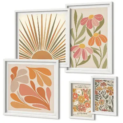 Conjunto de 5 quadros com moldura com estampa de flores geométricas em estilo boho