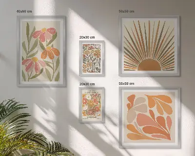 Conjunto de 5 quadros com moldura com estampa de flores geométricas em estilo boho