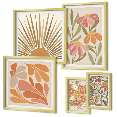 Conjunto de 5 quadros com moldura com estampa de flores geométricas em estilo boho