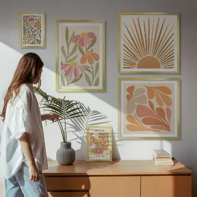Conjunto de 5 quadros com moldura com estampa de flores geométricas em estilo boho
